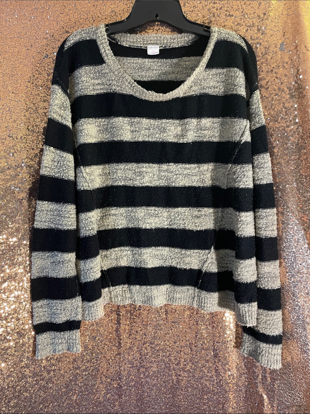 Wild Pearl Boho Grunge Black  Gray Striped Scoop-Neck Pullover